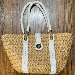 Michael Kors Natural Straw Tote with White Trim and Gold Hardware